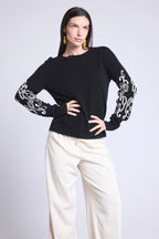 Micha Embroidered Sleeve Crew Neck Jumper - Black & White - Women