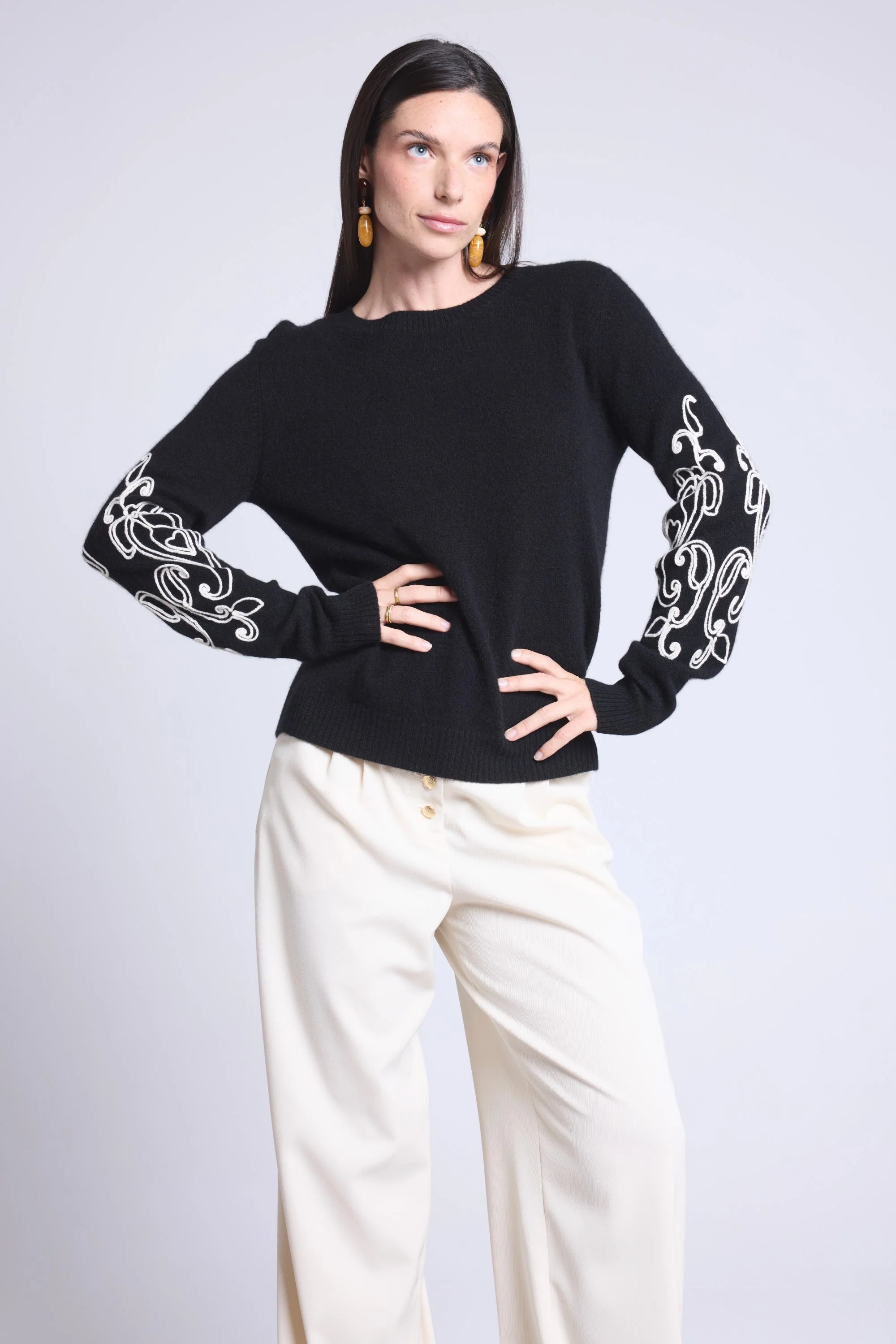 Micha Embroidered Sleeve Crew Neck Jumper - Black & White - Women