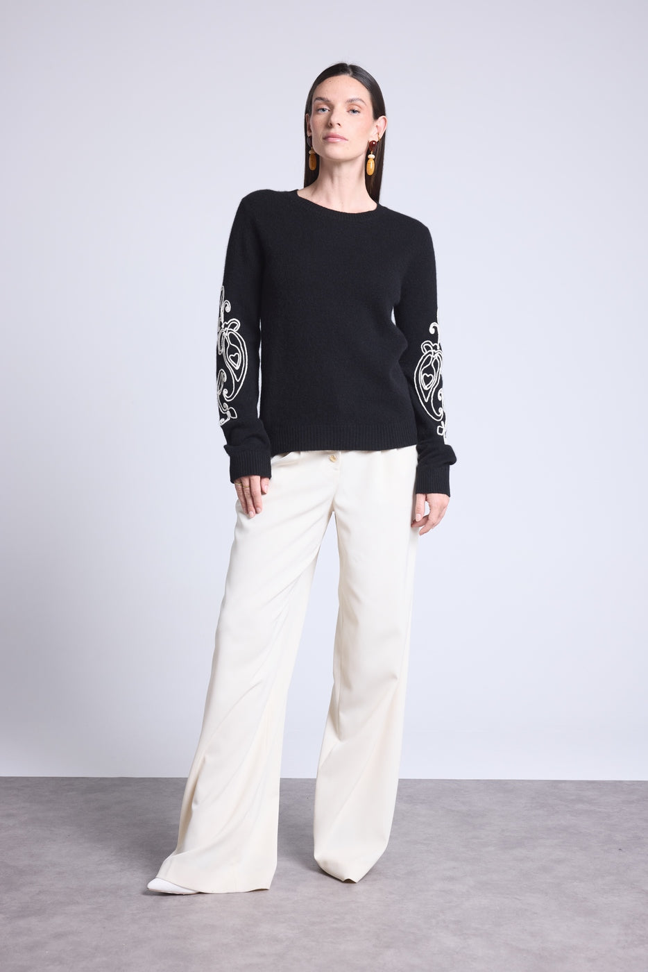 Micha Embroidered Sleeve Crew Neck Jumper - Black & White - Women