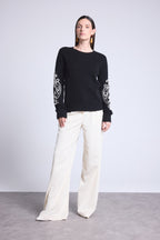 Micha Embroidered Sleeve Crew Neck Jumper - Black & White - Women
