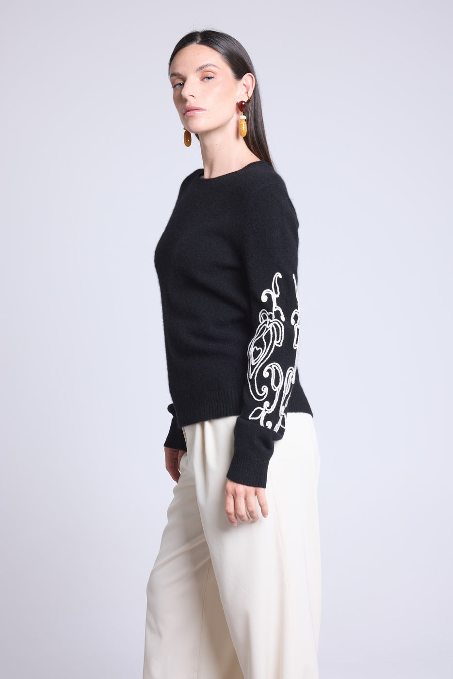 Micha Embroidered Sleeve Crew Neck Jumper - Black & White - Women