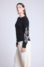 Micha Embroidered Sleeve Crew Neck Jumper - Black & White - Women