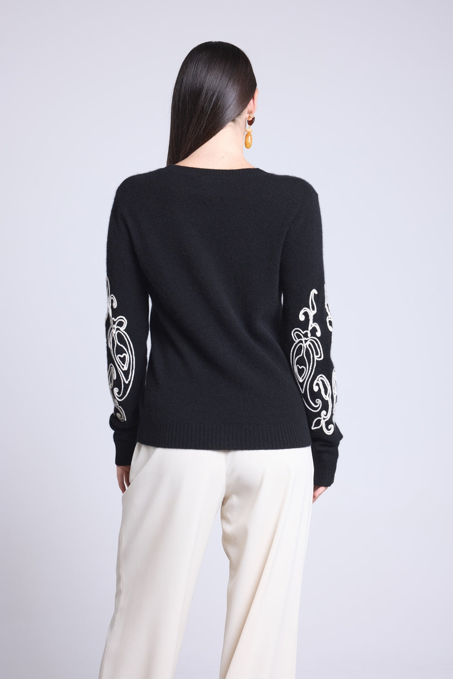 Micha Embroidered Sleeve Crew Neck Jumper - Black & White - Women
