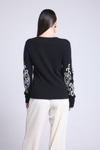 Micha Embroidered Sleeve Crew Neck Jumper - Black & White - Women