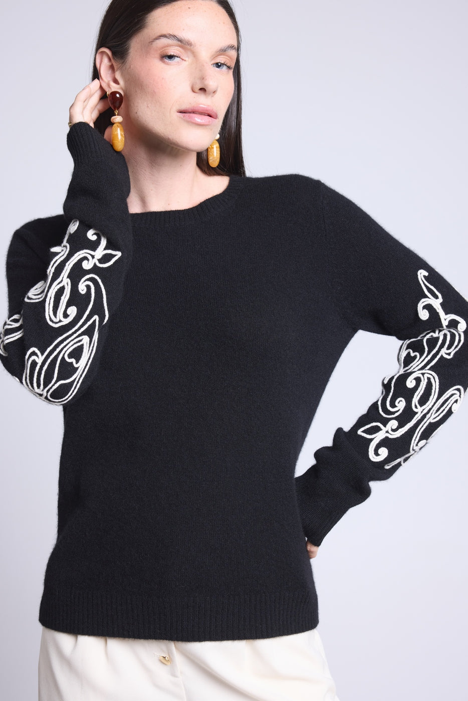 Micha Embroidered Sleeve Crew Neck Jumper - Black & White - Women