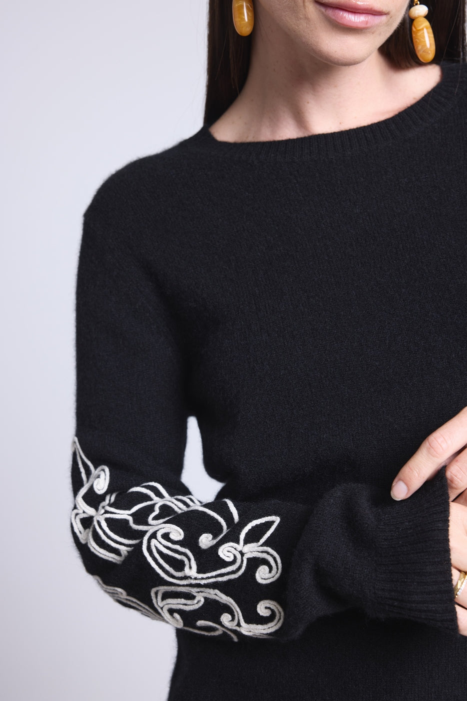 Micha Embroidered Sleeve Crew Neck Jumper - Black & White - Women