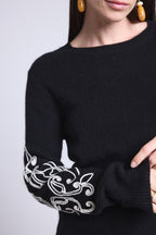 Micha Embroidered Sleeve Crew Neck Jumper - Black & White - Women