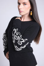 Micha Embroidered Sleeve Crew Neck Jumper - Black & White - Women