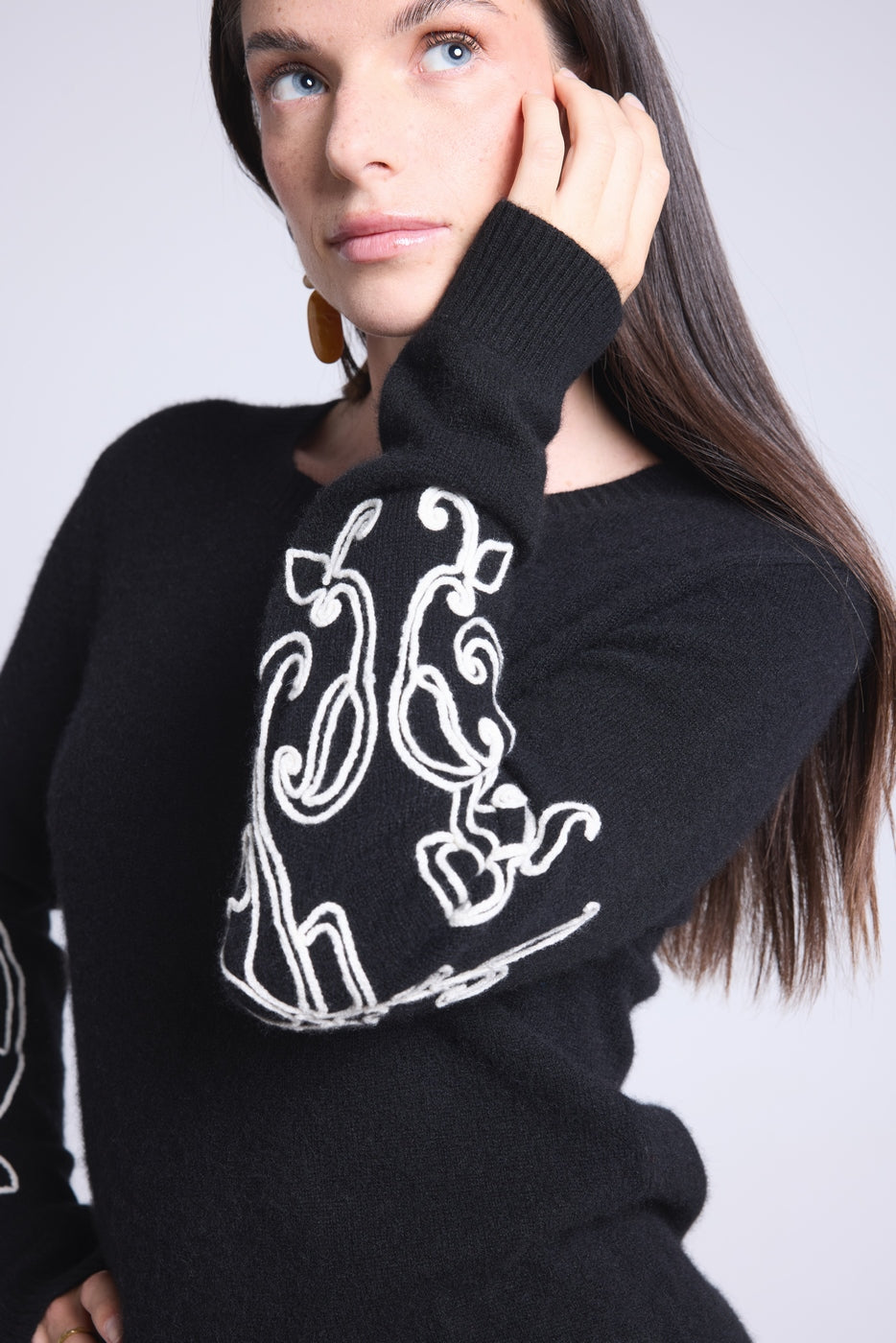 Micha Embroidered Sleeve Crew Neck Jumper - Black & White - Women