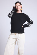 Micha Embroidered Sleeve Crew Neck Jumper - Black & White - Women