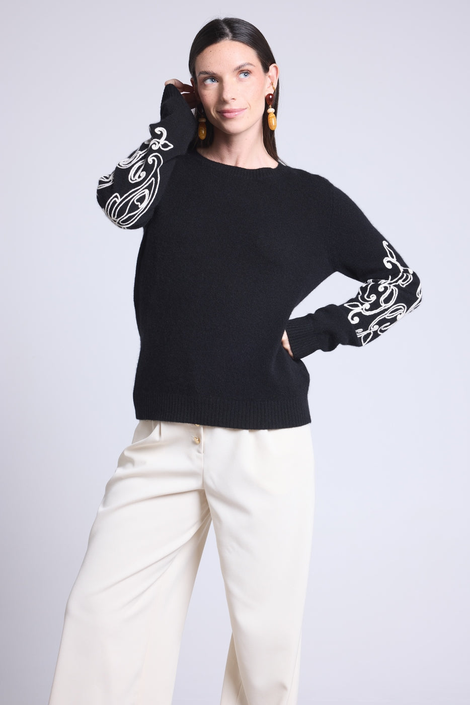 Micha Embroidered Sleeve Crew Neck Jumper - Black & White - Women