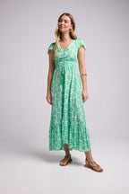 Robe Longue Manches Courtes - Fleurs Bleu Vert