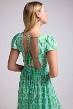 Robe Longue Manches Courtes - Fleurs Bleu Vert