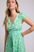 Robe Longue Manches Courtes - Fleurs Bleu Vert