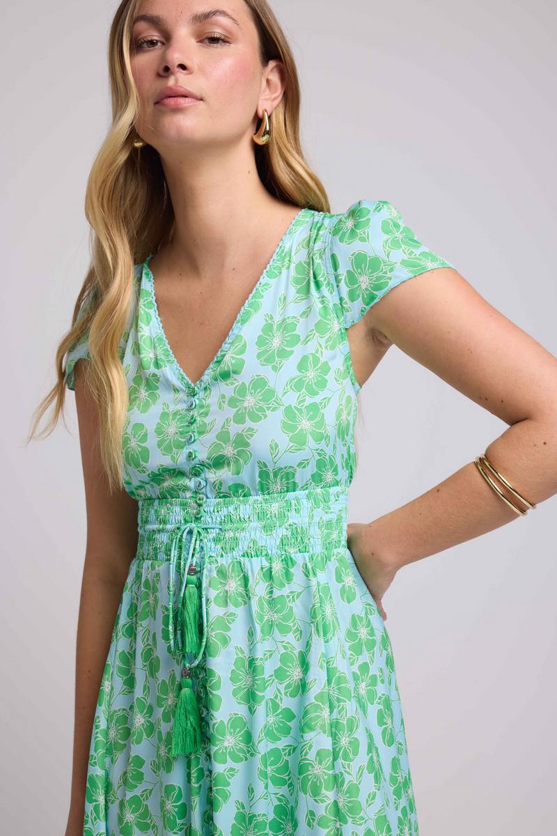 Robe Longue Manches Courtes - Fleurs Bleu Vert