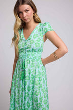 Robe Longue Manches Courtes - Fleurs Bleu Vert