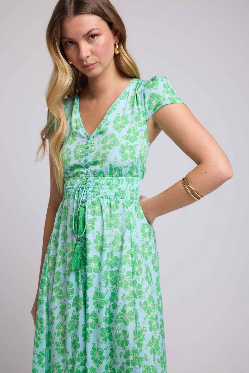 Robe Longue Manches Courtes - Fleurs Bleu Vert