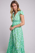 Robe Longue Manches Courtes - Fleurs Bleu Vert
