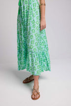 Robe Longue Manches Courtes - Fleurs Bleu Vert