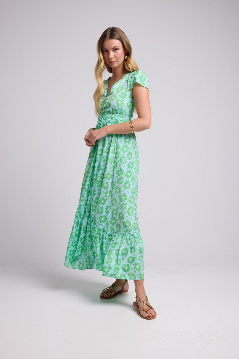 Robe Longue Manches Courtes - Fleurs Bleu Vert