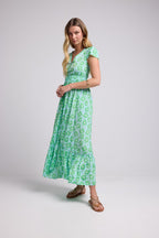 Robe Longue Manches Courtes - Fleurs Bleu Vert