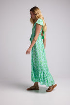 Robe Longue Manches Courtes - Fleurs Bleu Vert