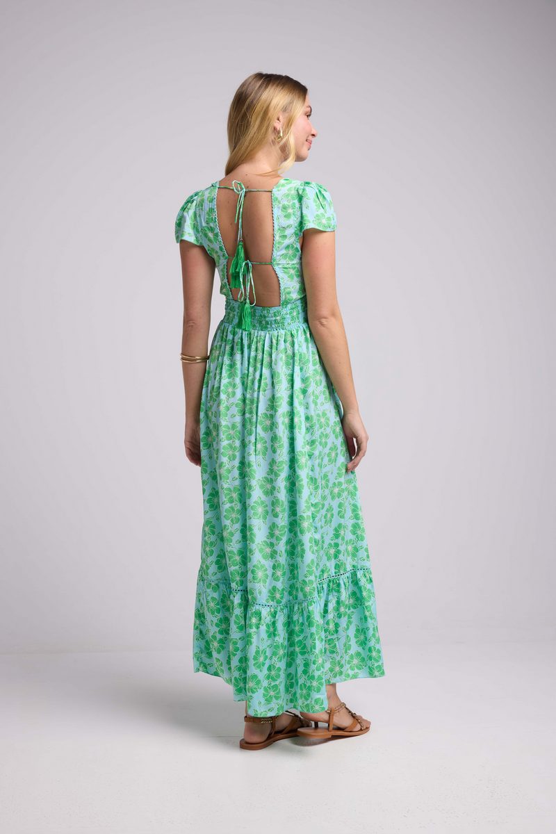 Robe Longue Manches Courtes - Fleurs Bleu Vert