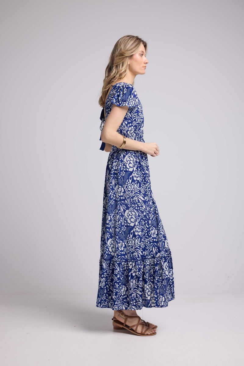 Robe Longue Manches Courtes - Blanc Bleu
