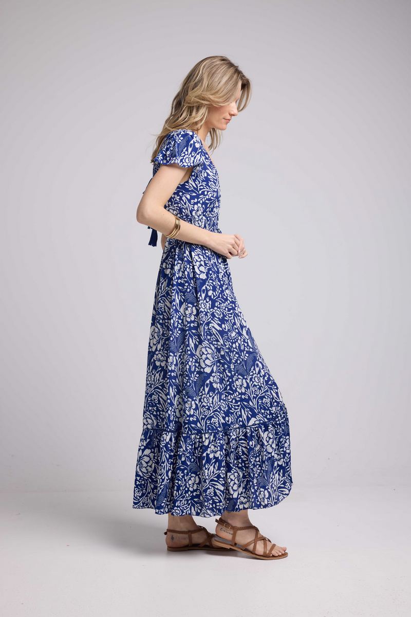 Robe Longue Manches Courtes - Blanc Bleu