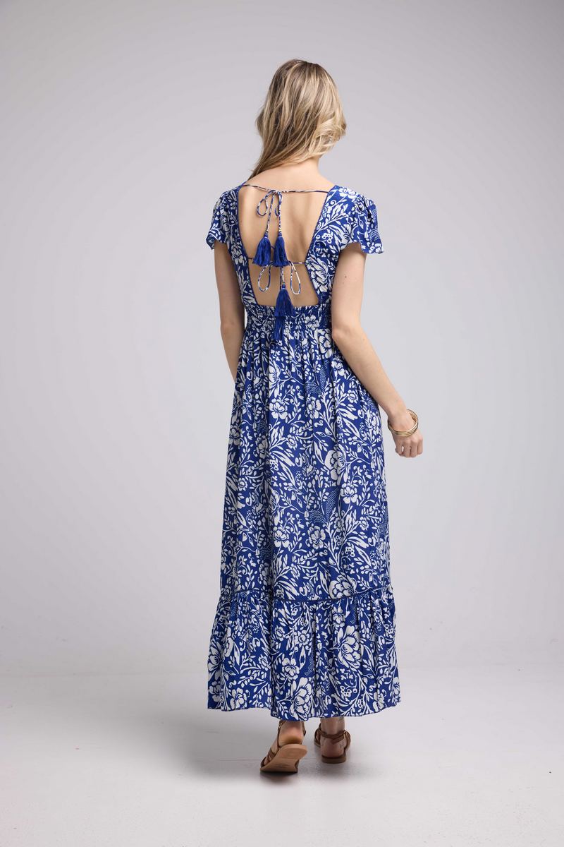 Robe Longue Manches Courtes - Blanc Bleu