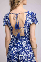 Robe Longue Manches Courtes - Blanc Bleu