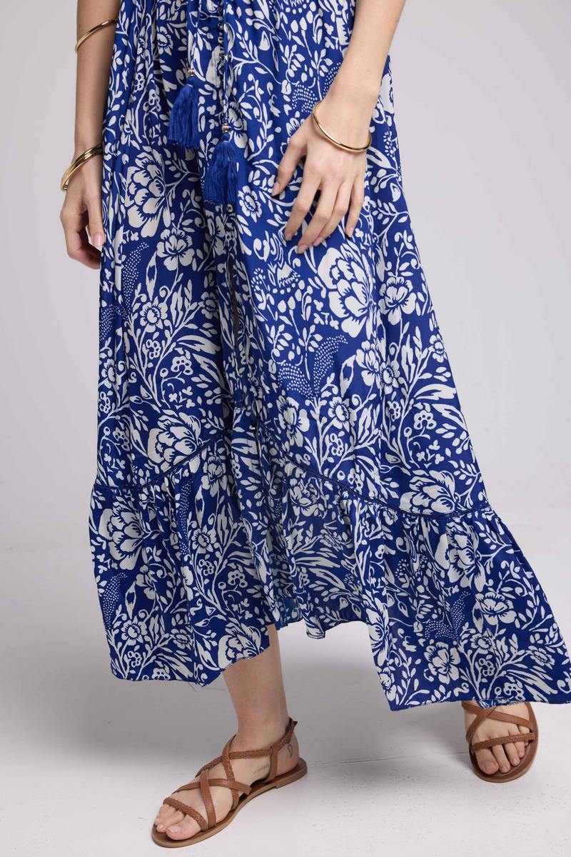 Robe Longue Manches Courtes - Blanc Bleu