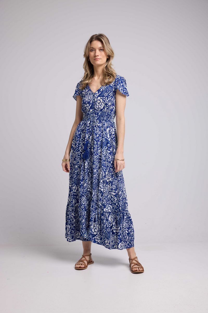 Robe Longue Manches Courtes - Blanc Bleu