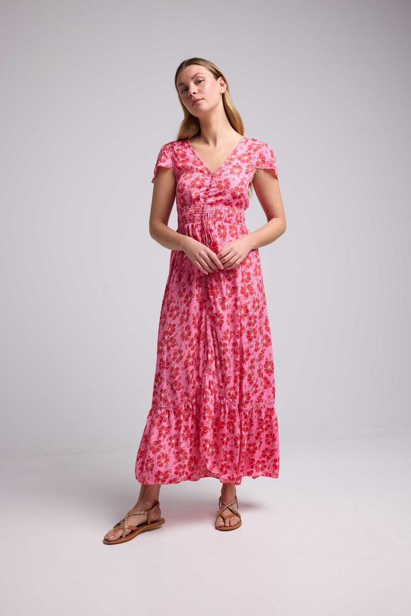 Robe Longue Manches Courtes - Fleurs Rose Rouge