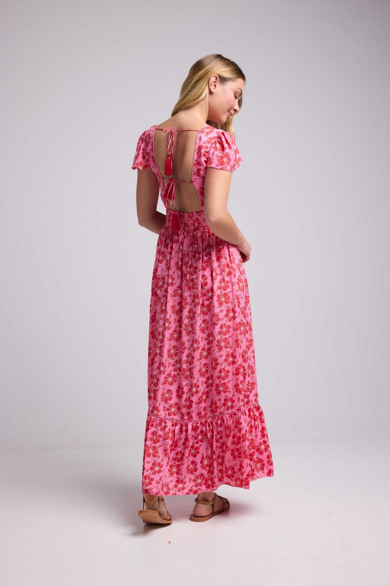 Robe Longue Manches Courtes - Fleurs Rose Rouge