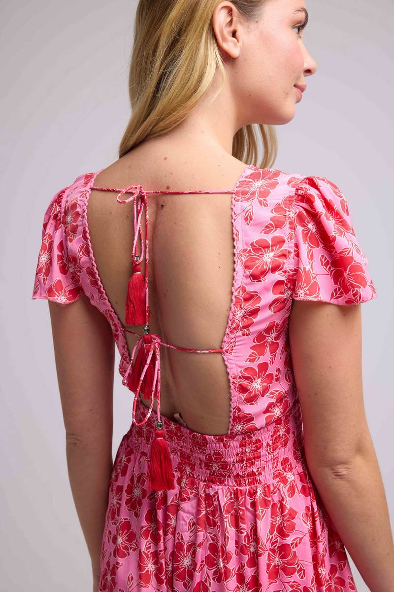 Robe Longue Manches Courtes - Fleurs Rose Rouge