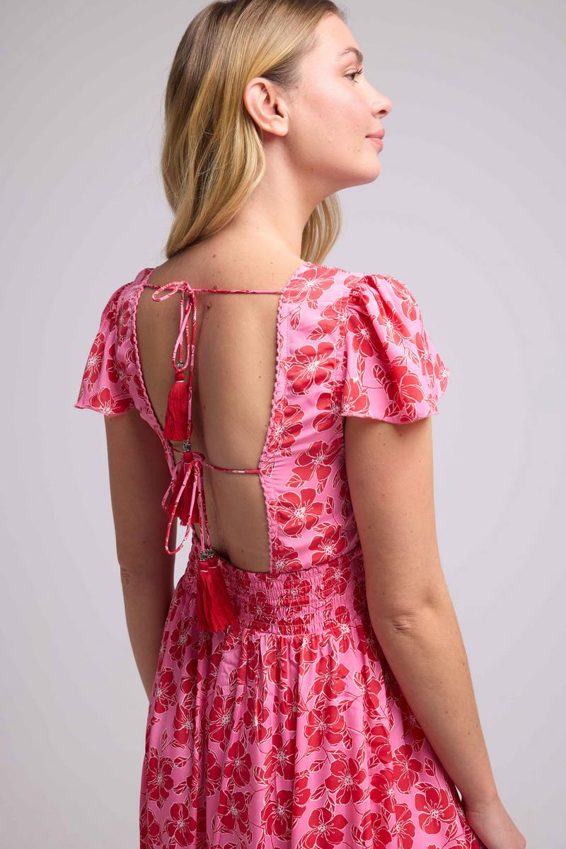 Robe Longue Manches Courtes - Fleurs Rose Rouge