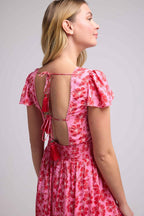 Robe Longue Manches Courtes - Fleurs Rose Rouge