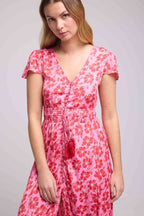 Robe Longue Manches Courtes - Fleurs Rose Rouge