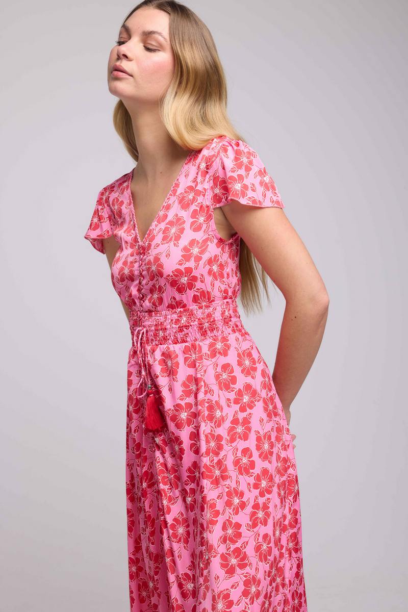 Robe Longue Manches Courtes - Fleurs Rose Rouge