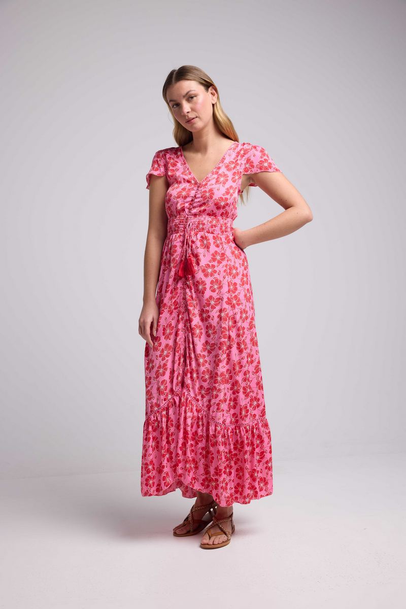 Robe Longue Manches Courtes - Fleurs Rose Rouge