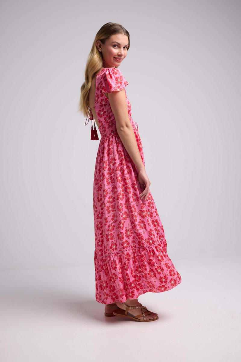 Robe Longue Manches Courtes - Fleurs Rose Rouge