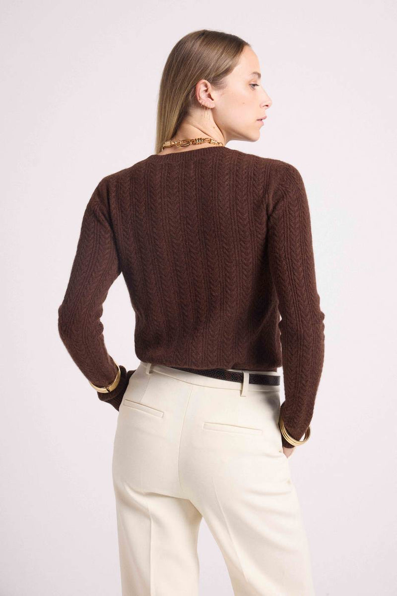 Pull Col Rond Torsades Milena - Chocolat - 100% Cachemire Oeko-Tex - Femme