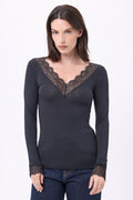 T-Shirt In Cashmere Scollo A V Con Pizzo Milo - Nero - Donna