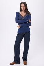 Milo Lace V-Neck T-Shirt - Navy Blue - Women