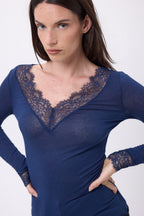 Milo Lace V-Neck T-Shirt - Navy Blue - Women