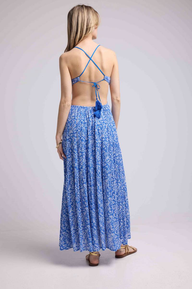 Robe Longue Bretelles - Fleurs Bleues