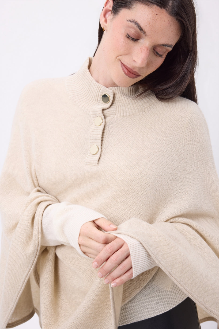 Miranda Poncho Cape with Gold-Tone Buttons - Cream Beige - Women