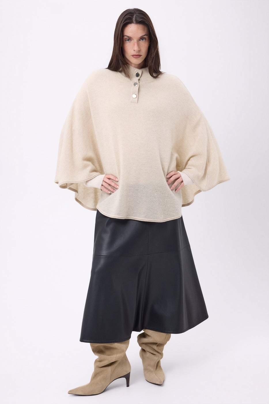 Miranda Poncho Cape with Gold-Tone Buttons - Cream Beige - Women