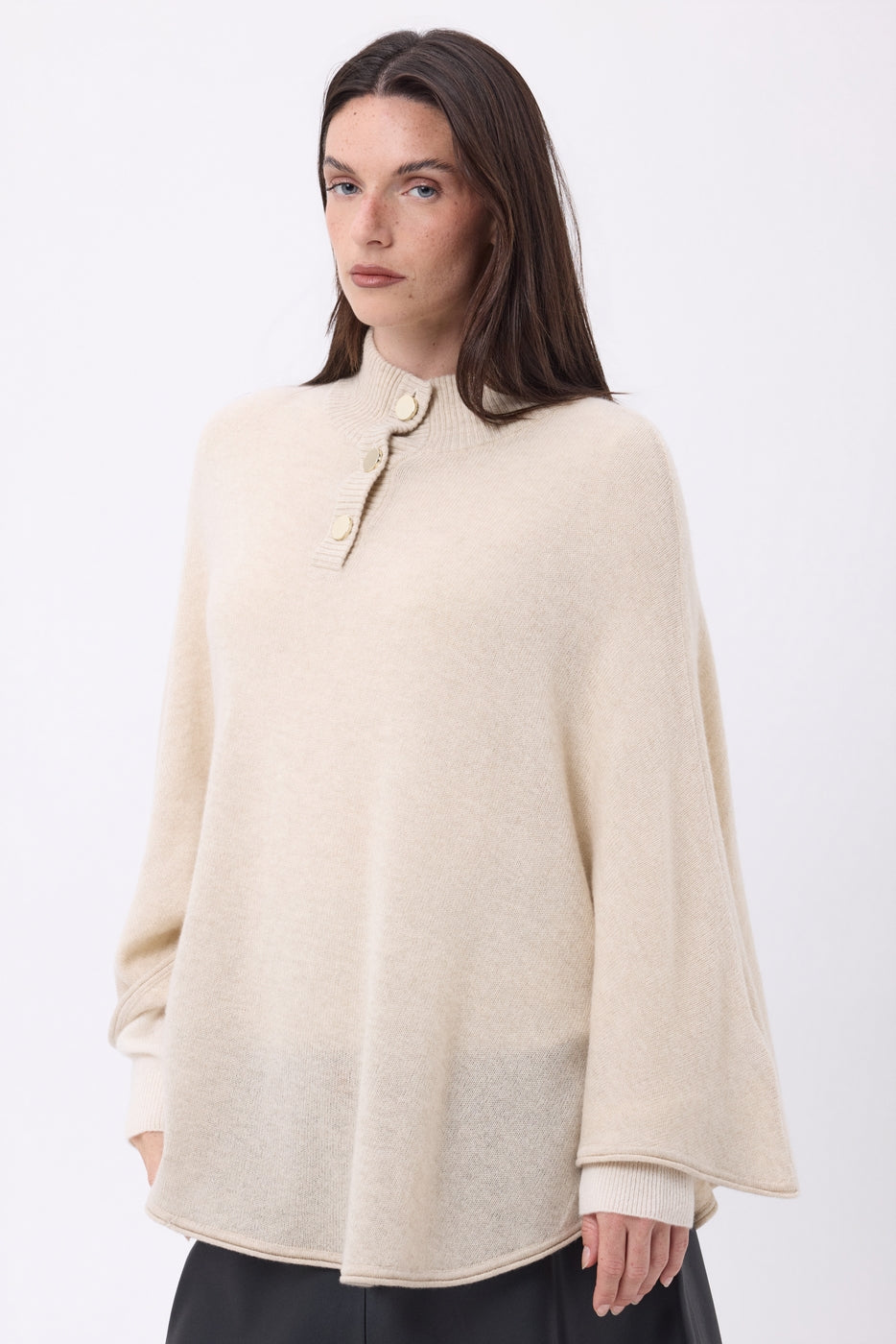 Miranda Poncho Cape with Gold-Tone Buttons - Cream Beige - Women